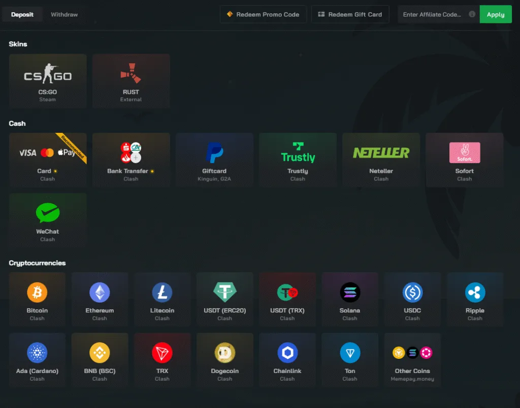 Clash.gg Deposit methods
