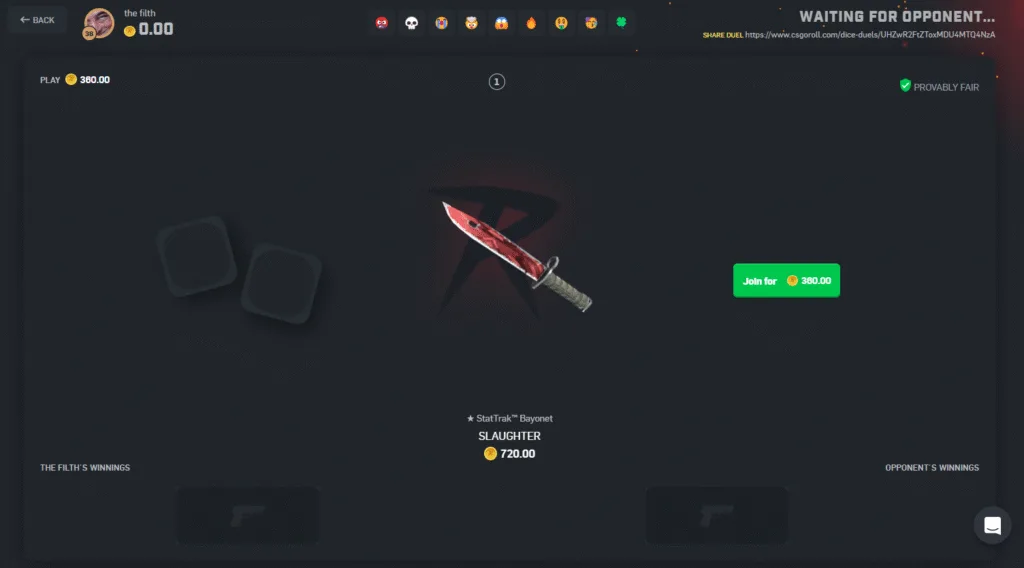 Screenshot of CSgoroll dice duels game mode
