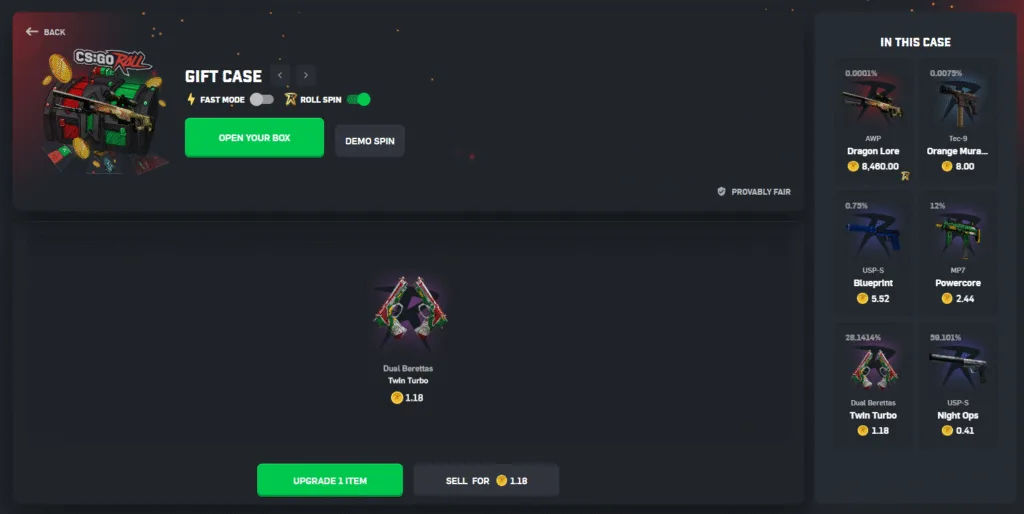 Screenshot of CSgoroll Case Opening game mode