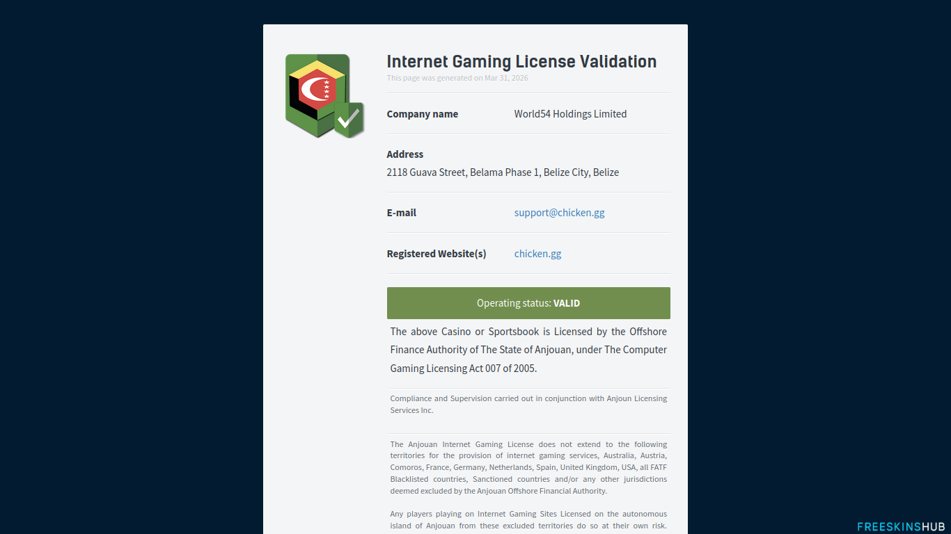 Example of a valid online gaming license verification page for Chicken.gg