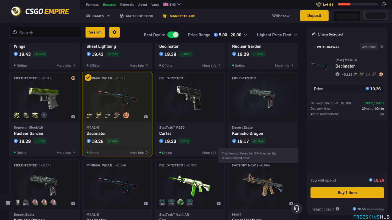 Example of a CS2 skin withdrawal process on CSGOEmpire through the P2P marketplace