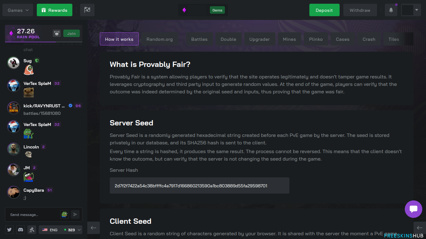 Screenshot of Rustclash's provably fair system verification page