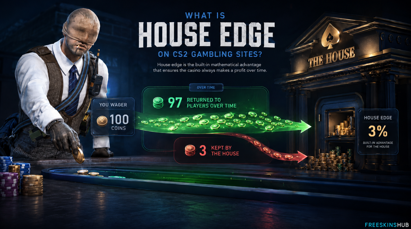 CS2 gambling house edge explained with chips showing 100 wagered, 97 returned to players over time, and 3 kept by the house