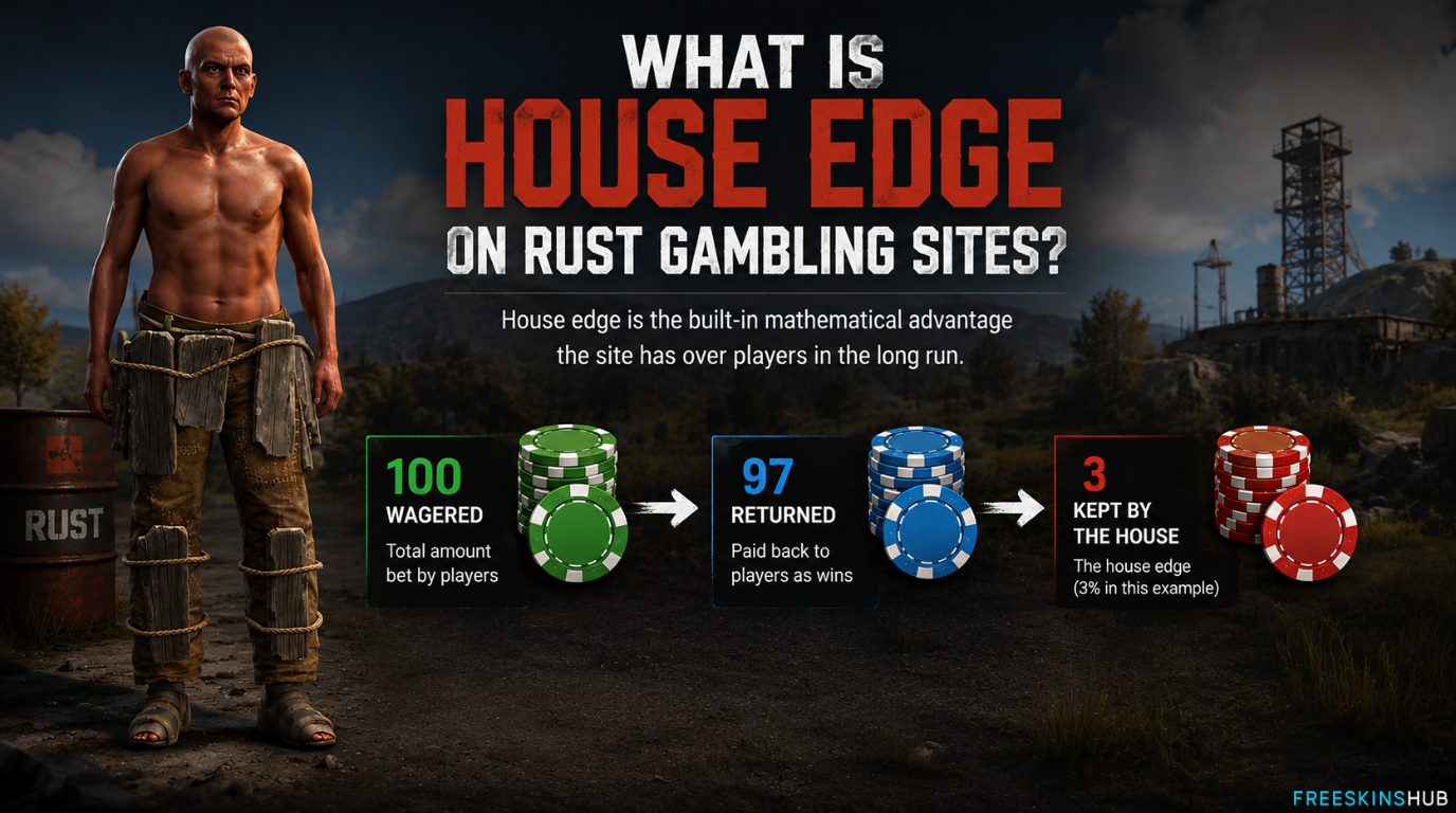 Rust gambling house edge explained with chips showing 100 wagered, 97 returned to players over time, and 3 kept by the house