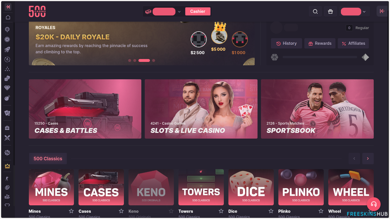 500 Casino homepage interface