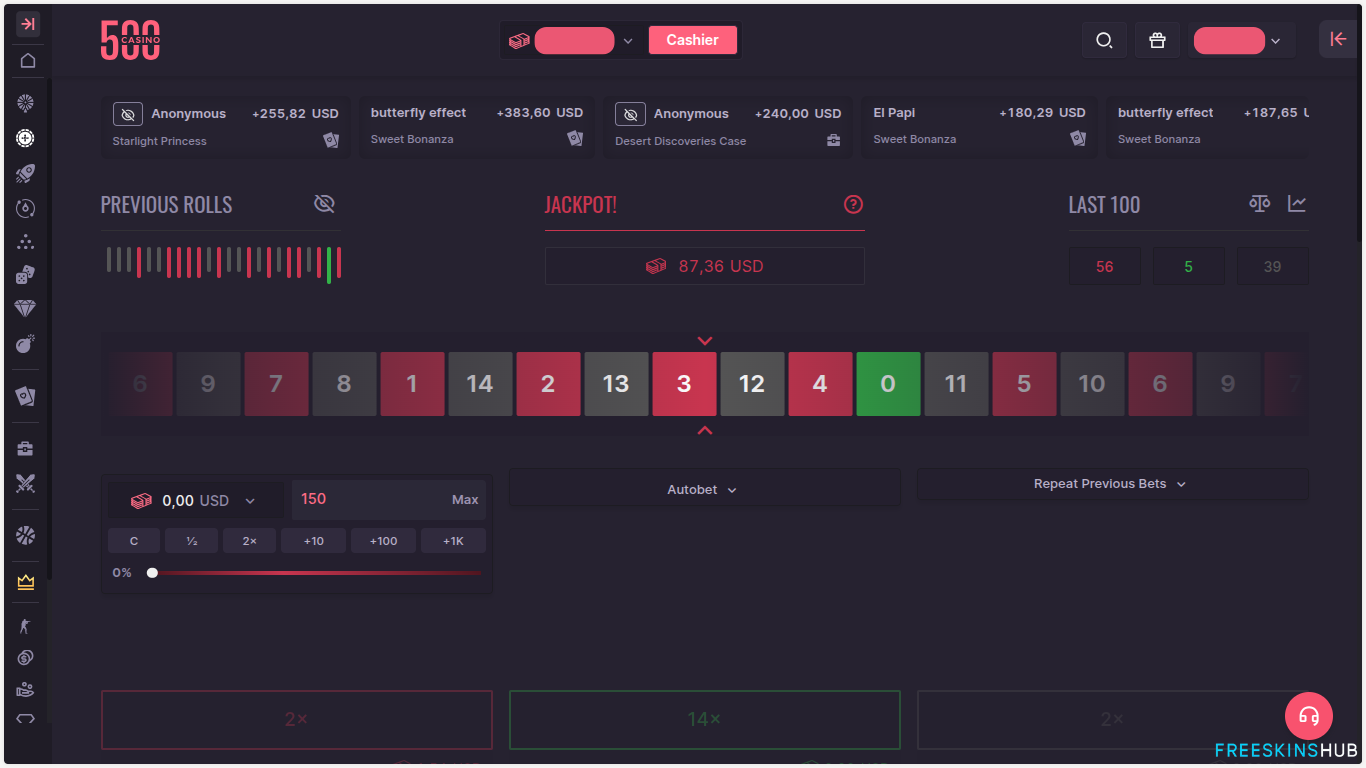 500 Casino roulette feature