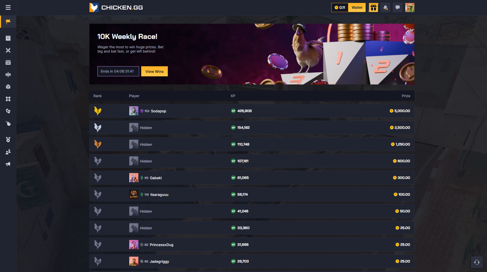 Chicken.gg leaderboard Race