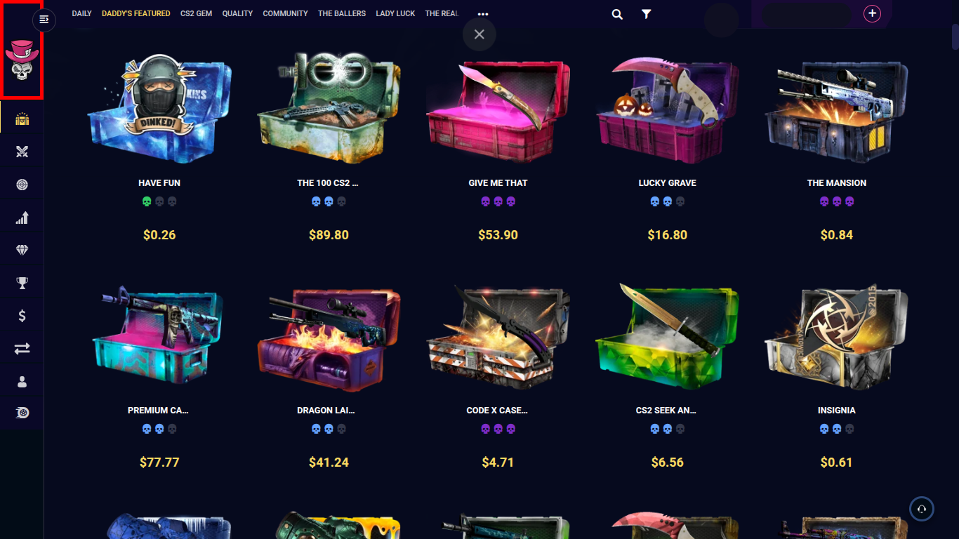 DaddySkins case opening interface