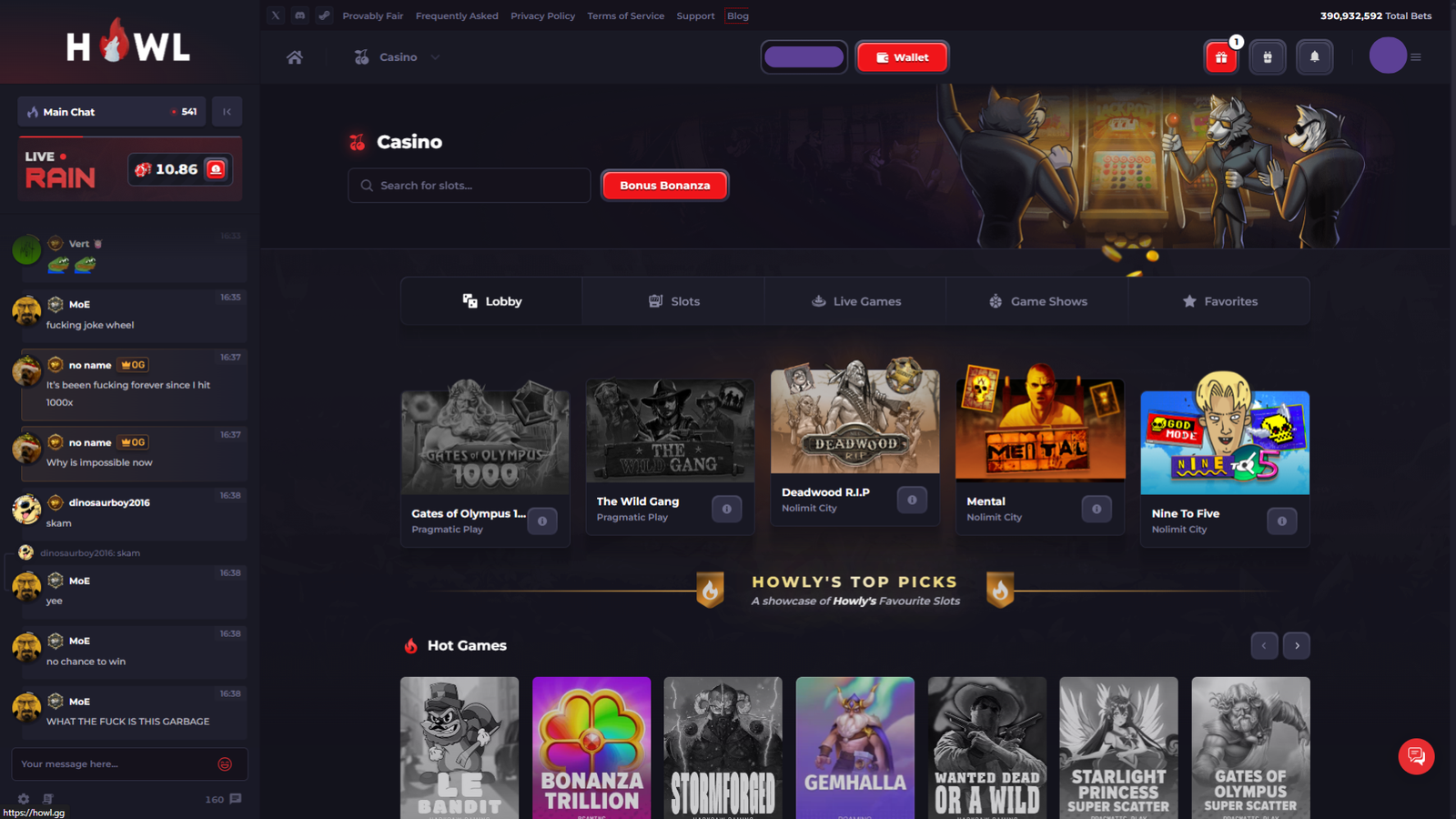 Howl.gg Casino and in-house games