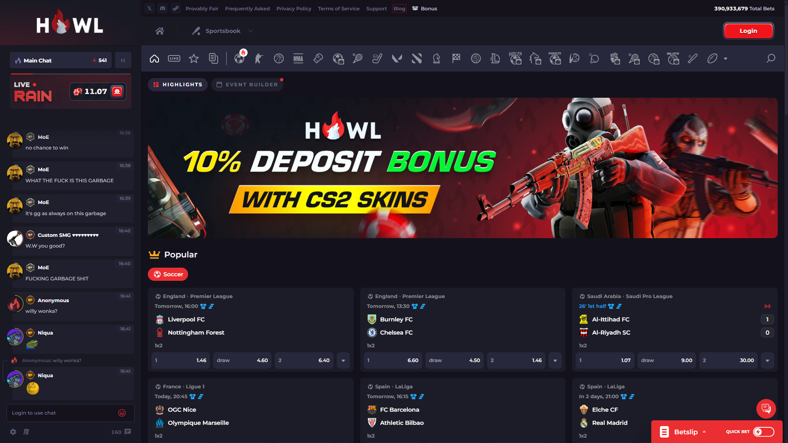 Howl.gg Sports betting interface