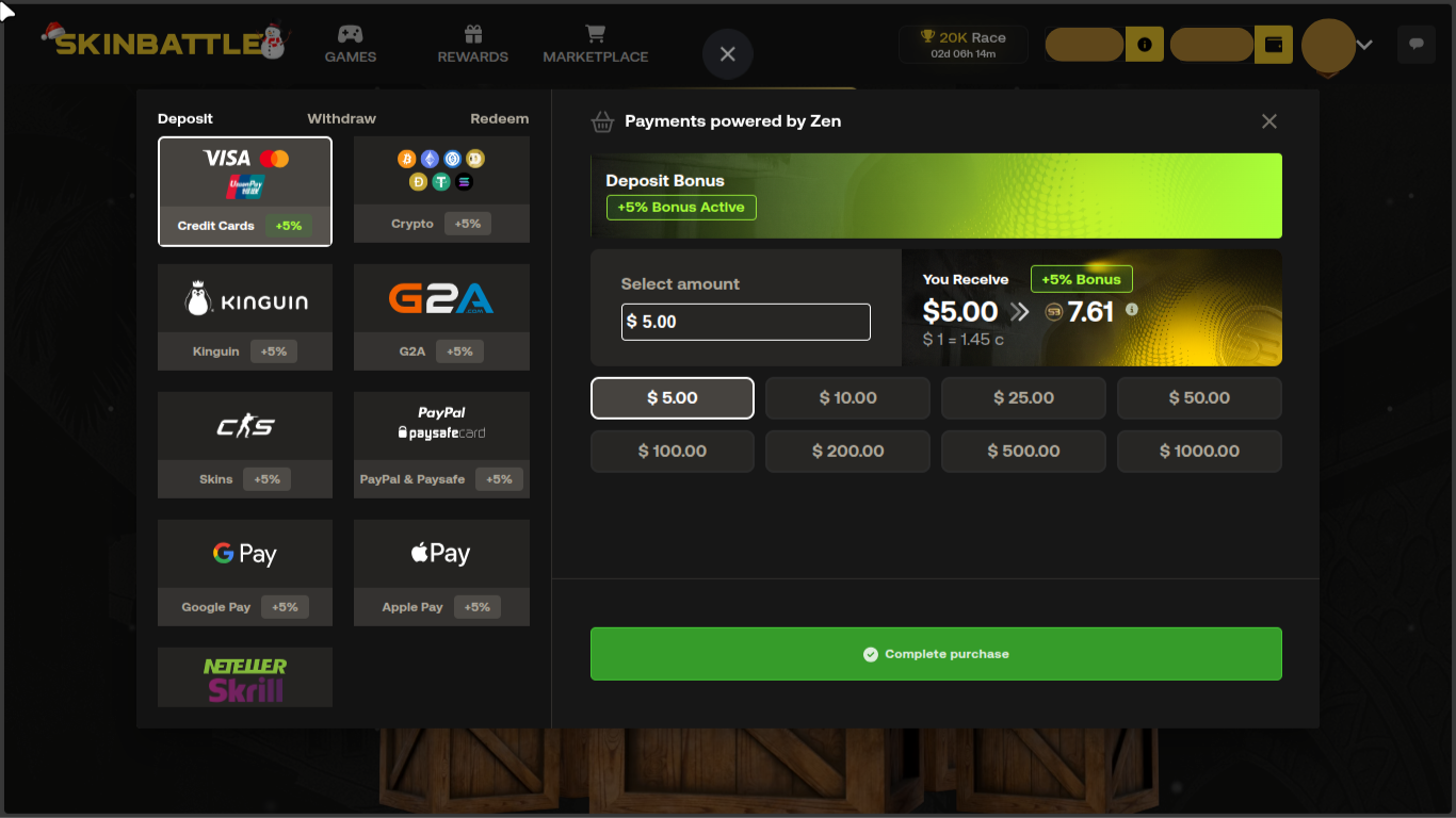 Skinbattle deposits options