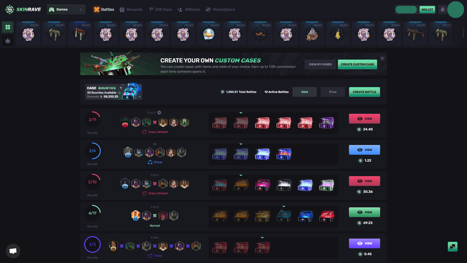 SkinRave case battles interface