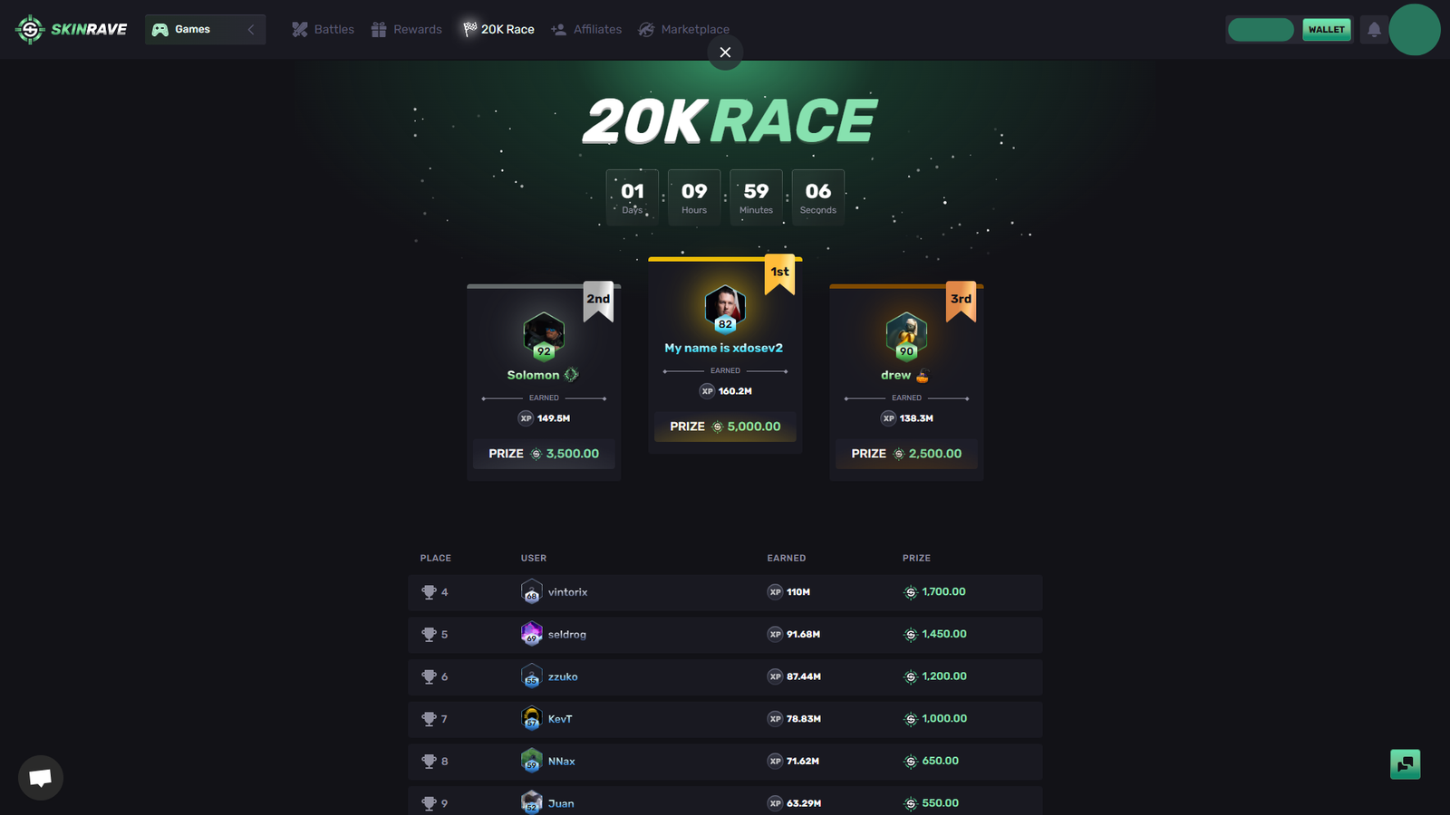 SkinRave 20K race leaderboard